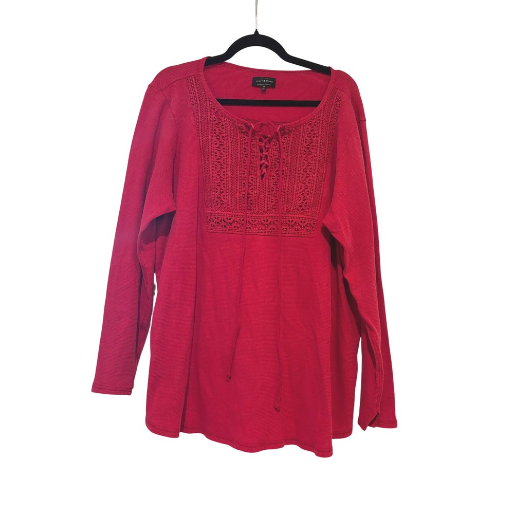 Lucky Brand sz 2X dark pink long sleeve henley lace front all cotton OO